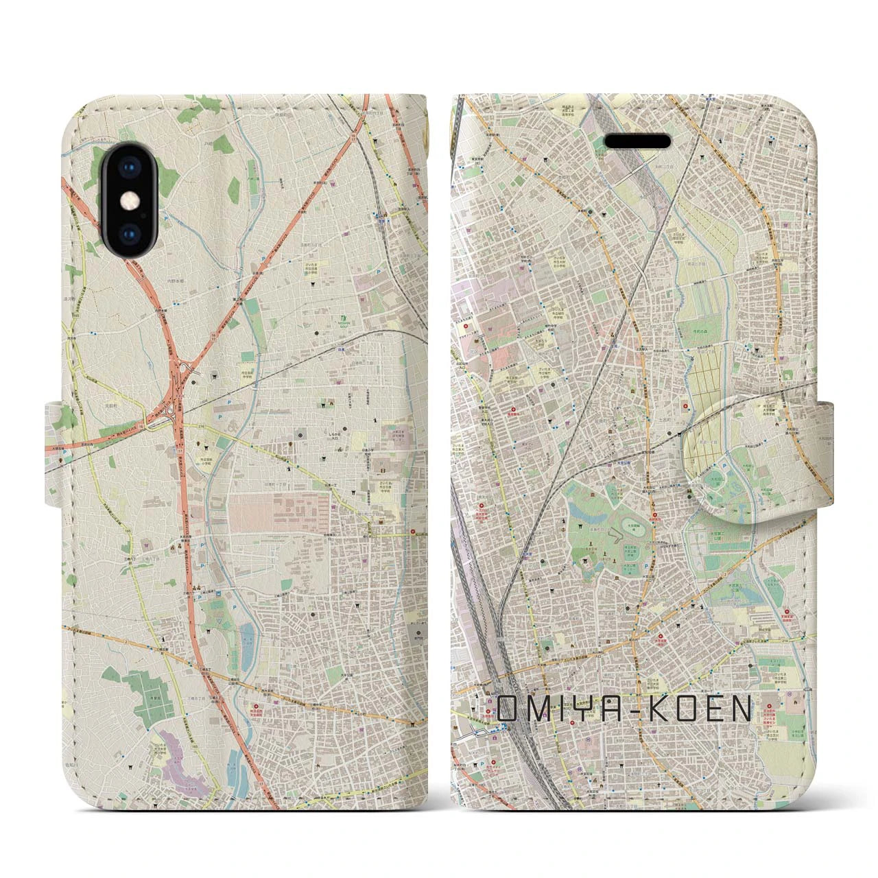 【大宮公園】地図柄iPhoneケース（手帳両面タイプ・ナチュラル）iPhone XS / X 用