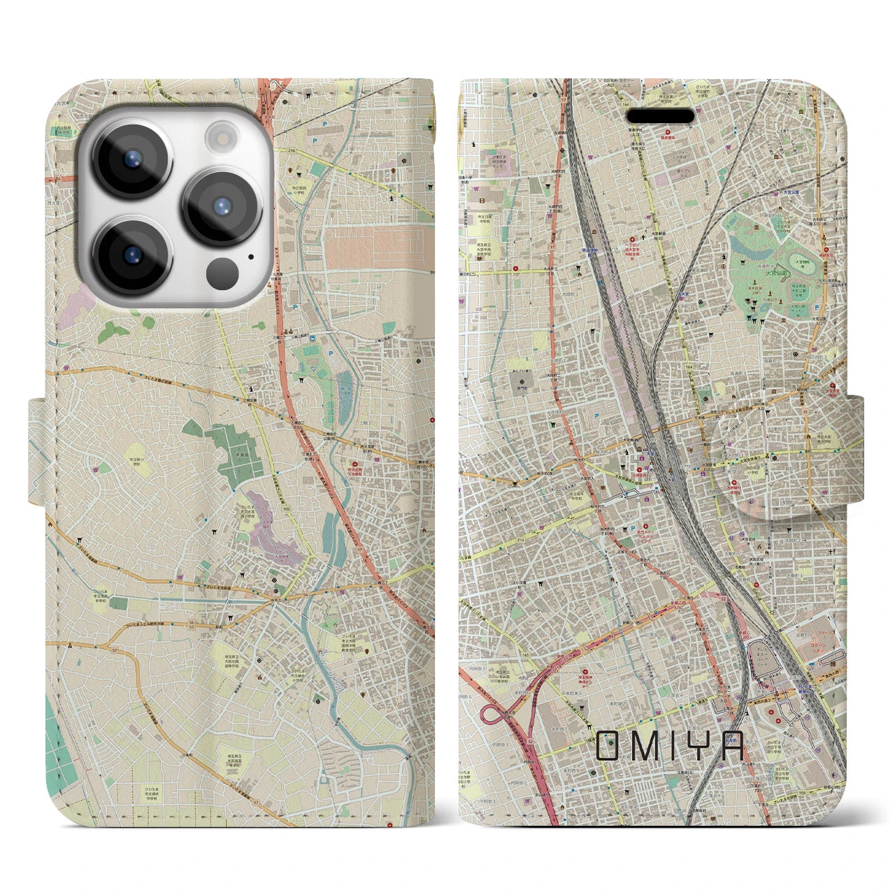 【大宮】地図柄iPhoneケース（手帳両面タイプ・ナチュラル）iPhone 14 Pro 用