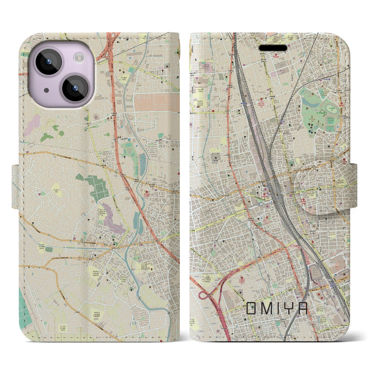 【大宮】地図柄iPhoneケース（手帳両面タイプ・ナチュラル）iPhone 14 用