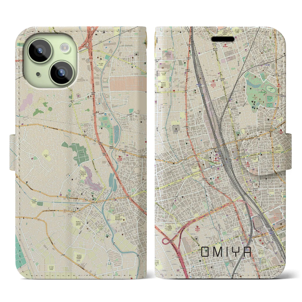 【大宮】地図柄iPhoneケース（手帳両面タイプ・ナチュラル）iPhone 15 用