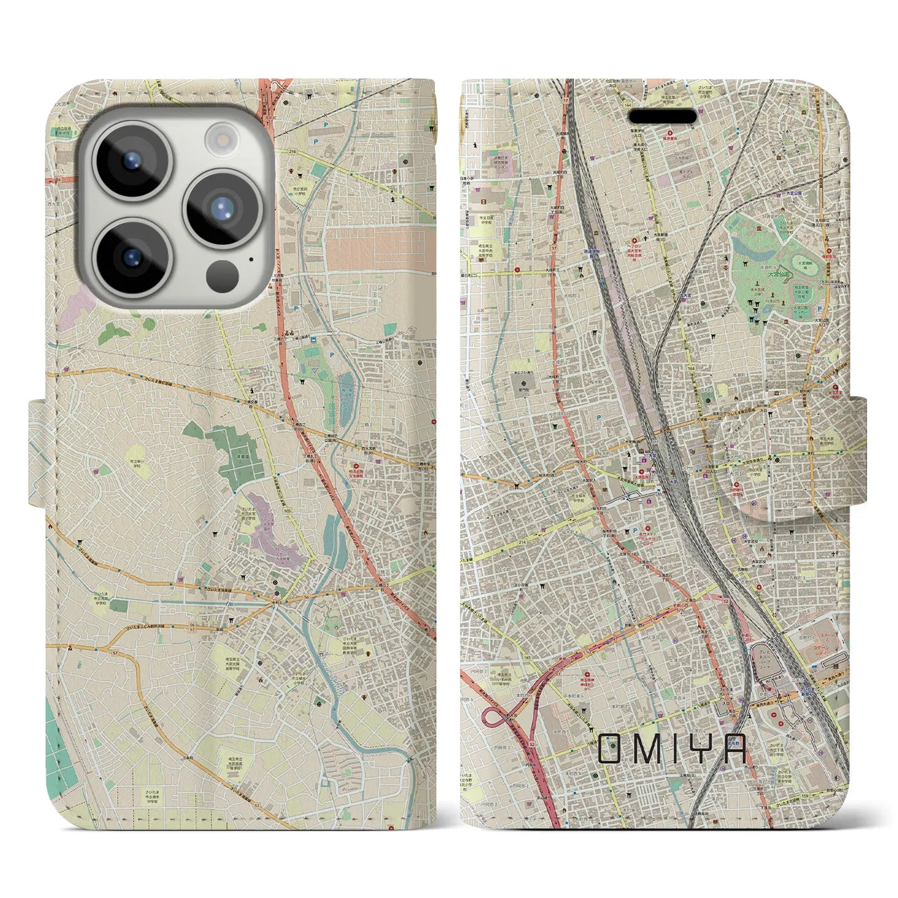 【大宮】地図柄iPhoneケース（手帳両面タイプ・ナチュラル）iPhone 15 Pro 用
