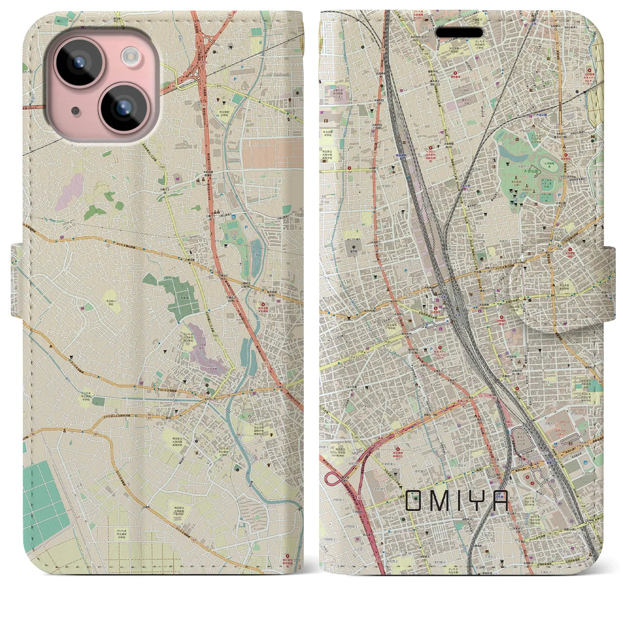 【大宮】地図柄iPhoneケース（手帳両面タイプ・ナチュラル）iPhone 15 Plus 用