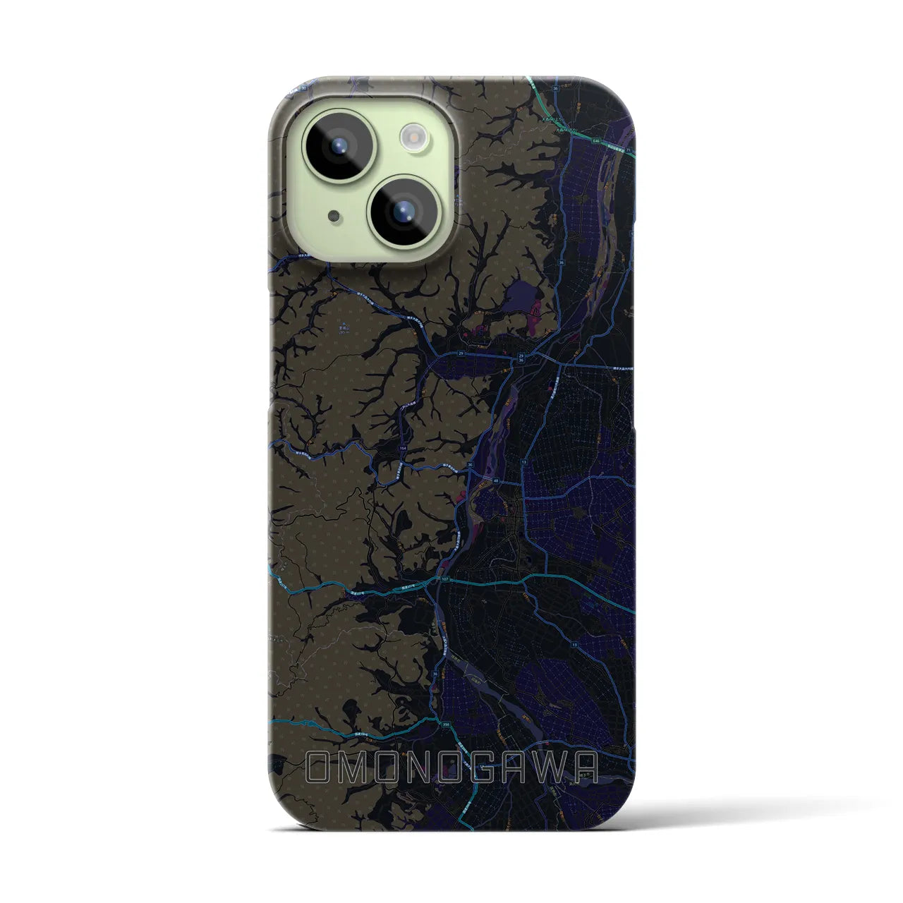 【雄物川】地図柄iPhoneケース（バックカバータイプ・ブラック）iPhone 15 用
