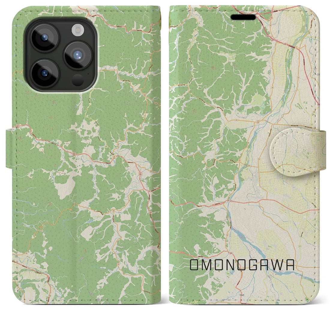 【雄物川】地図柄iPhoneケース（手帳両面タイプ・ナチュラル）iPhone 15 Pro Max 用