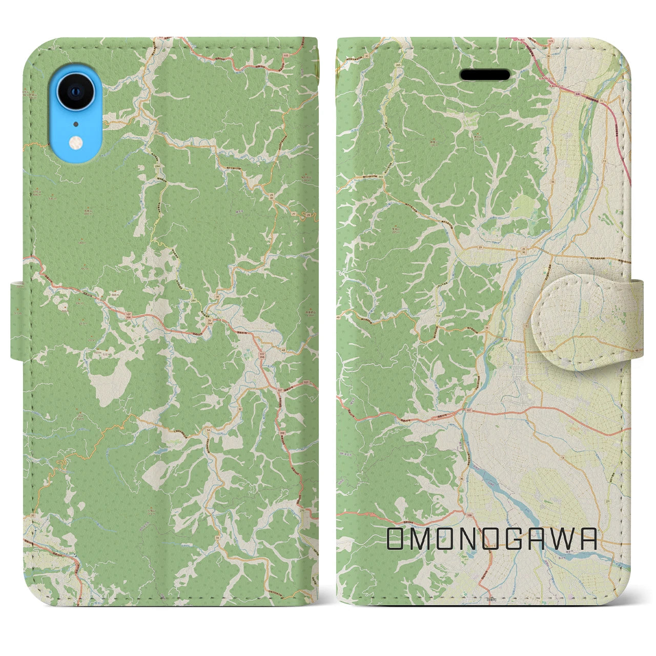 【雄物川】地図柄iPhoneケース（手帳両面タイプ・ナチュラル）iPhone XR 用