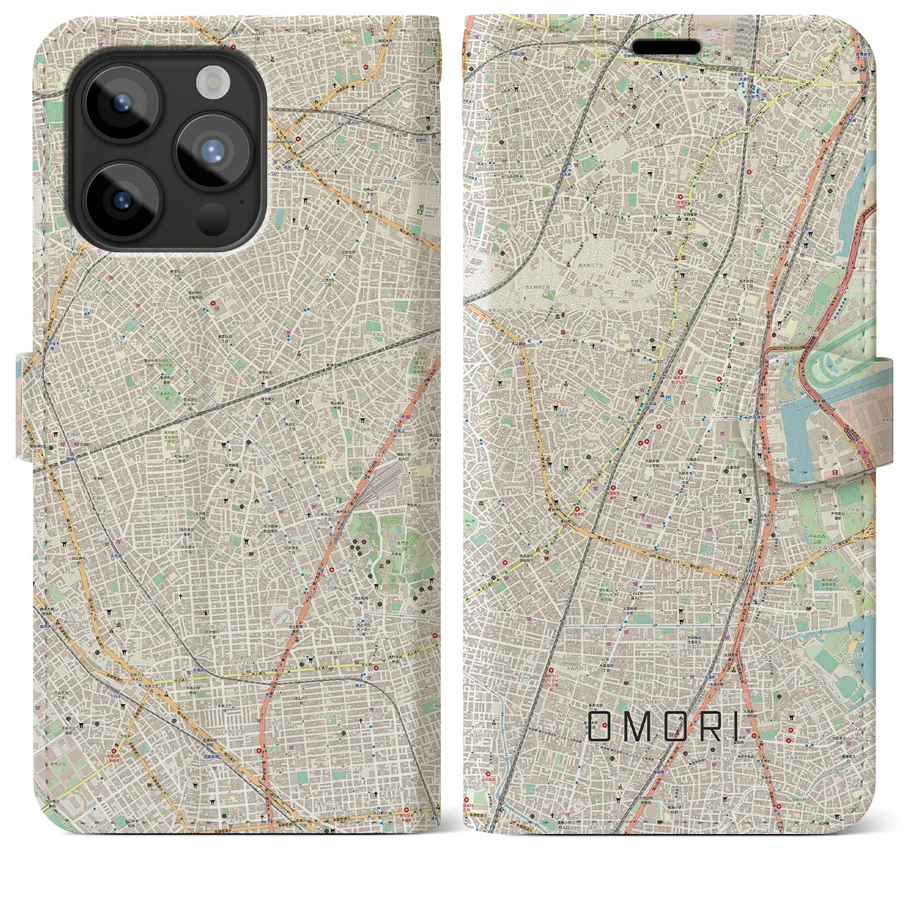 【大森】地図柄iPhoneケース（手帳両面タイプ・ナチュラル）iPhone 15 Pro Max 用