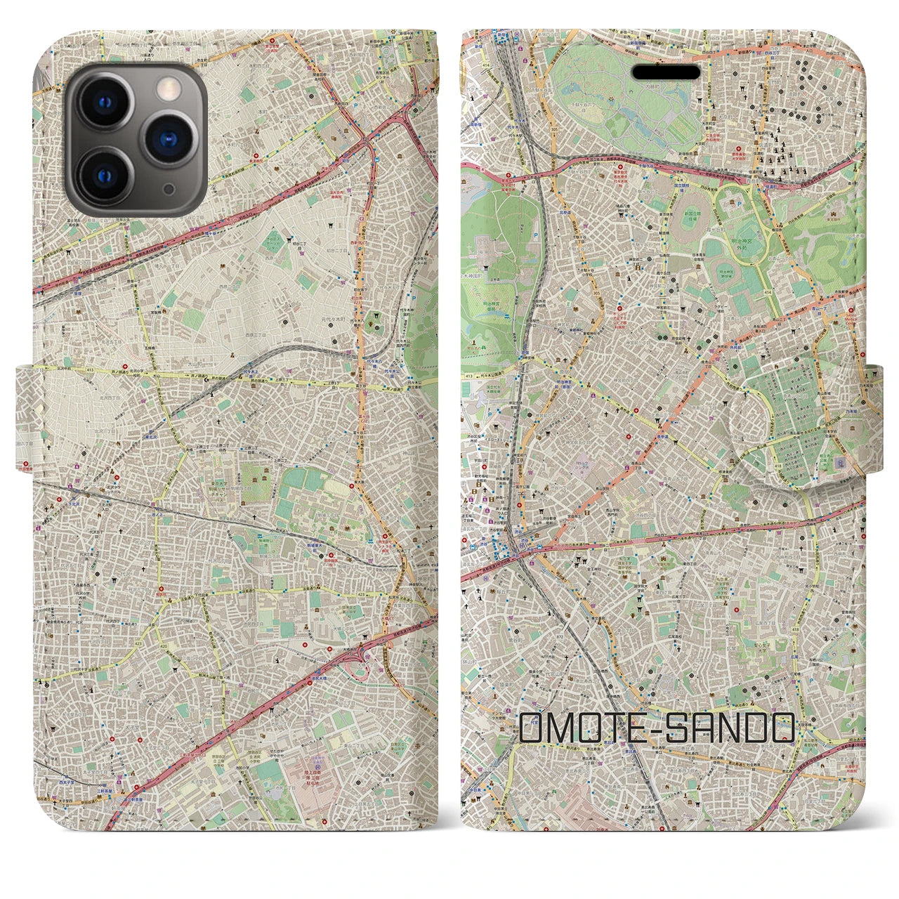 【表参道】地図柄iPhoneケース（手帳両面タイプ・ナチュラル）iPhone 11 Pro Max 用