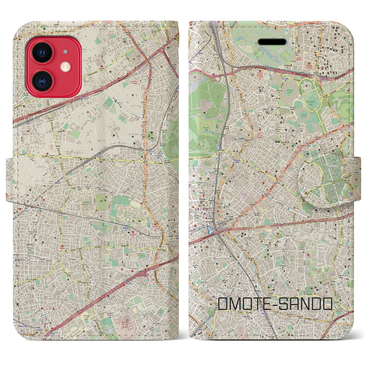 【表参道】地図柄iPhoneケース（手帳両面タイプ・ナチュラル）iPhone 11 用