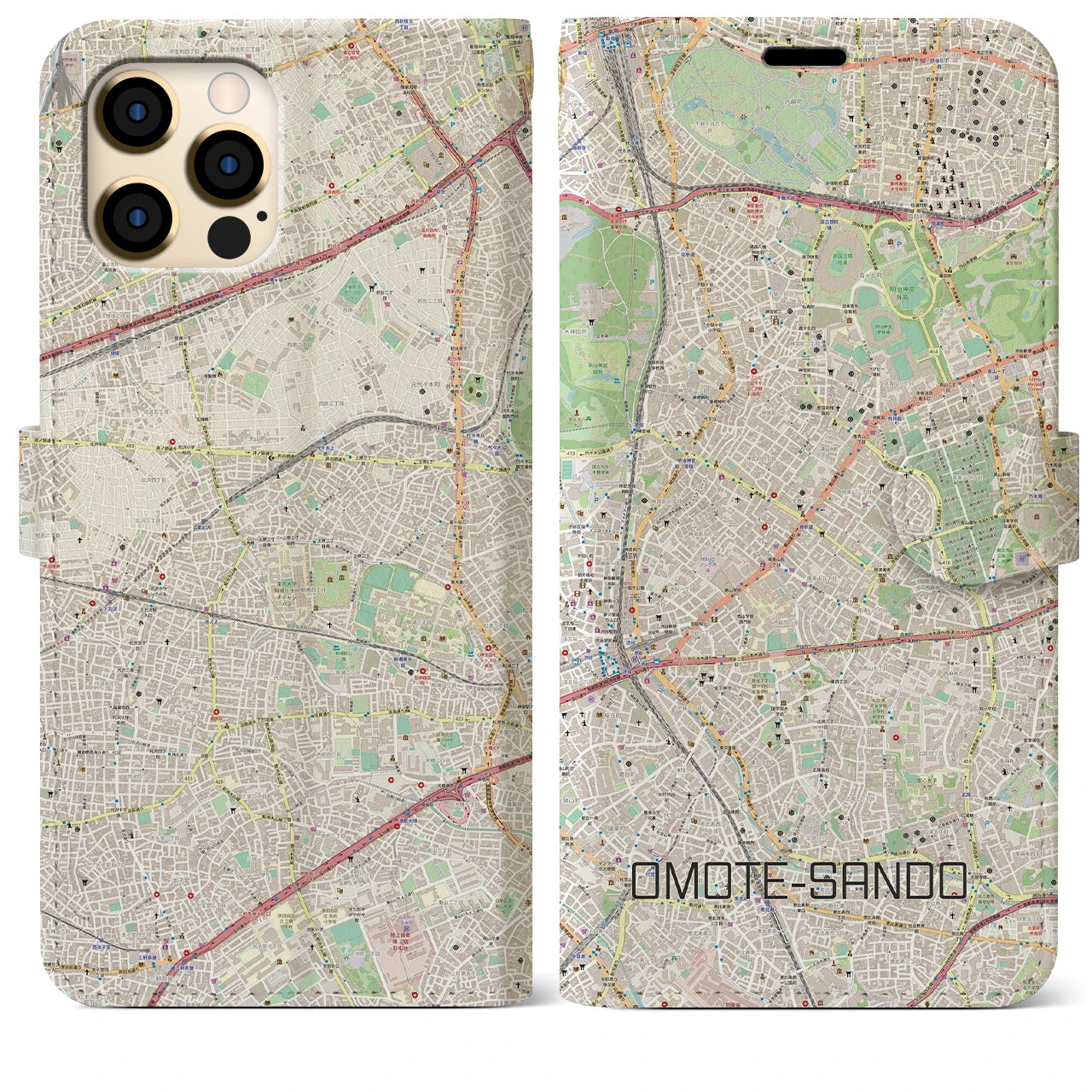 【表参道】地図柄iPhoneケース（手帳両面タイプ・ナチュラル）iPhone 12 Pro Max 用