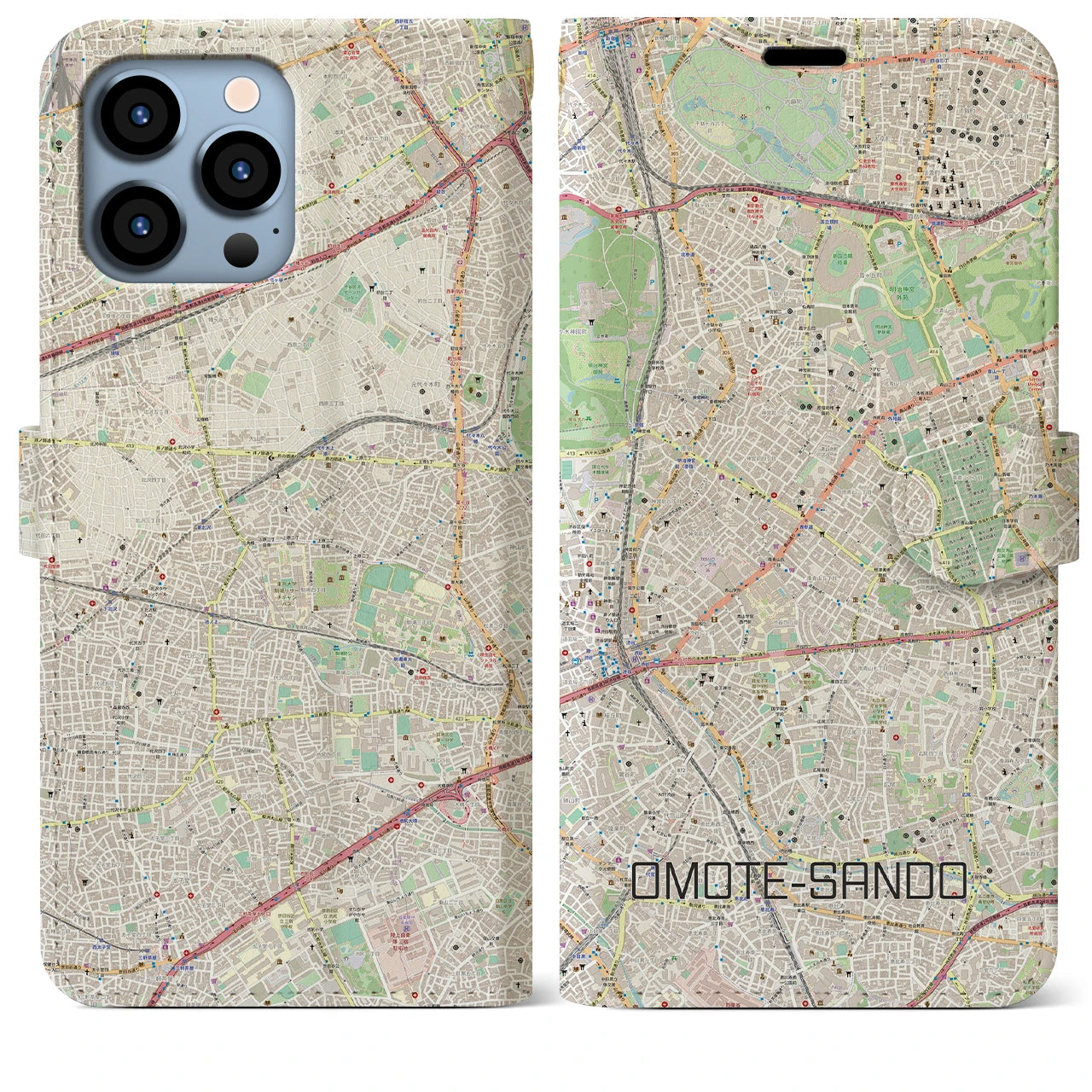 【表参道】地図柄iPhoneケース（手帳両面タイプ・ナチュラル）iPhone 13 Pro Max 用