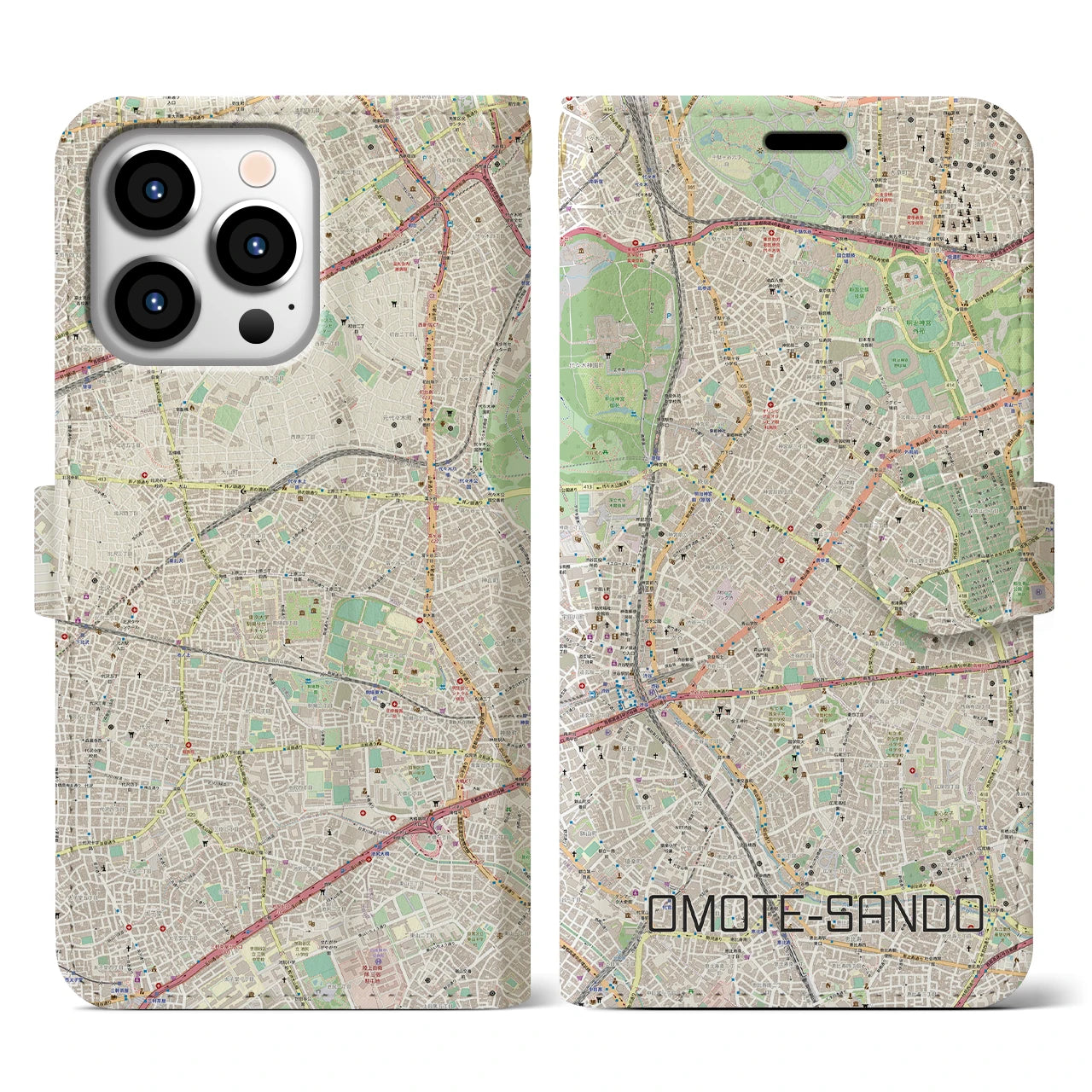【表参道】地図柄iPhoneケース（手帳両面タイプ・ナチュラル）iPhone 13 Pro 用