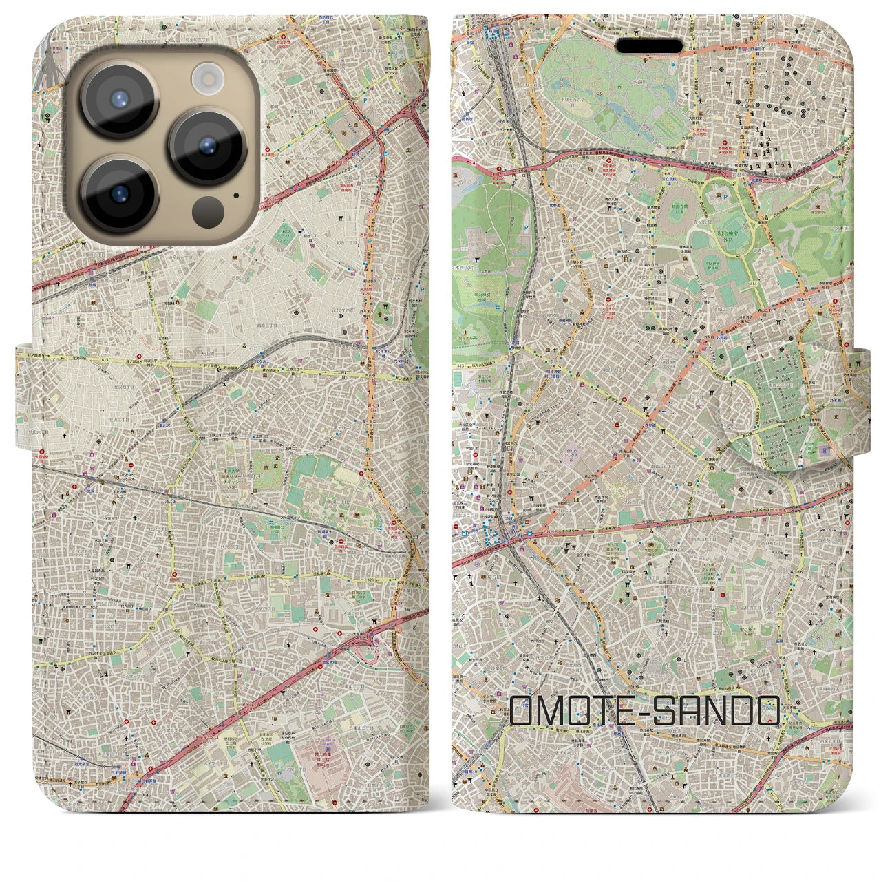 【表参道】地図柄iPhoneケース（手帳両面タイプ・ナチュラル）iPhone 14 Pro Max 用