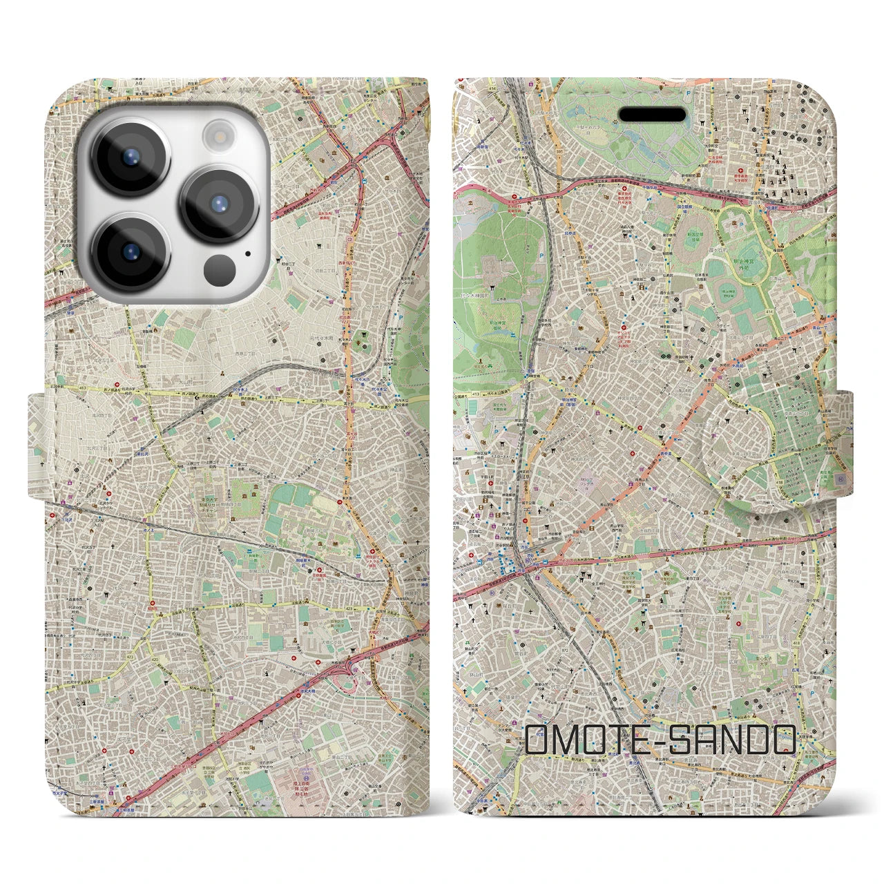 【表参道】地図柄iPhoneケース（手帳両面タイプ・ナチュラル）iPhone 14 Pro 用