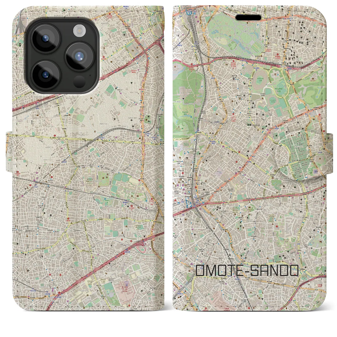 【表参道】地図柄iPhoneケース（手帳両面タイプ・ナチュラル）iPhone 15 Pro Max 用