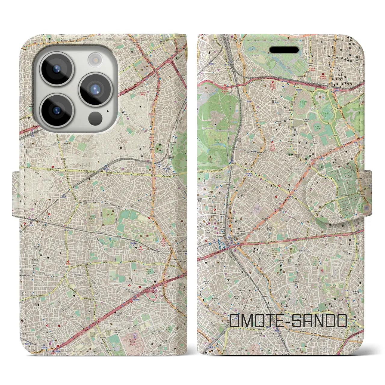 【表参道】地図柄iPhoneケース（手帳両面タイプ・ナチュラル）iPhone 15 Pro 用