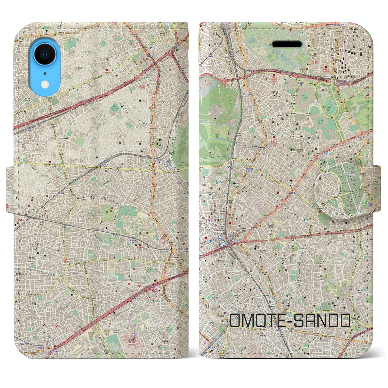 【表参道】地図柄iPhoneケース（手帳両面タイプ・ナチュラル）iPhone XR 用