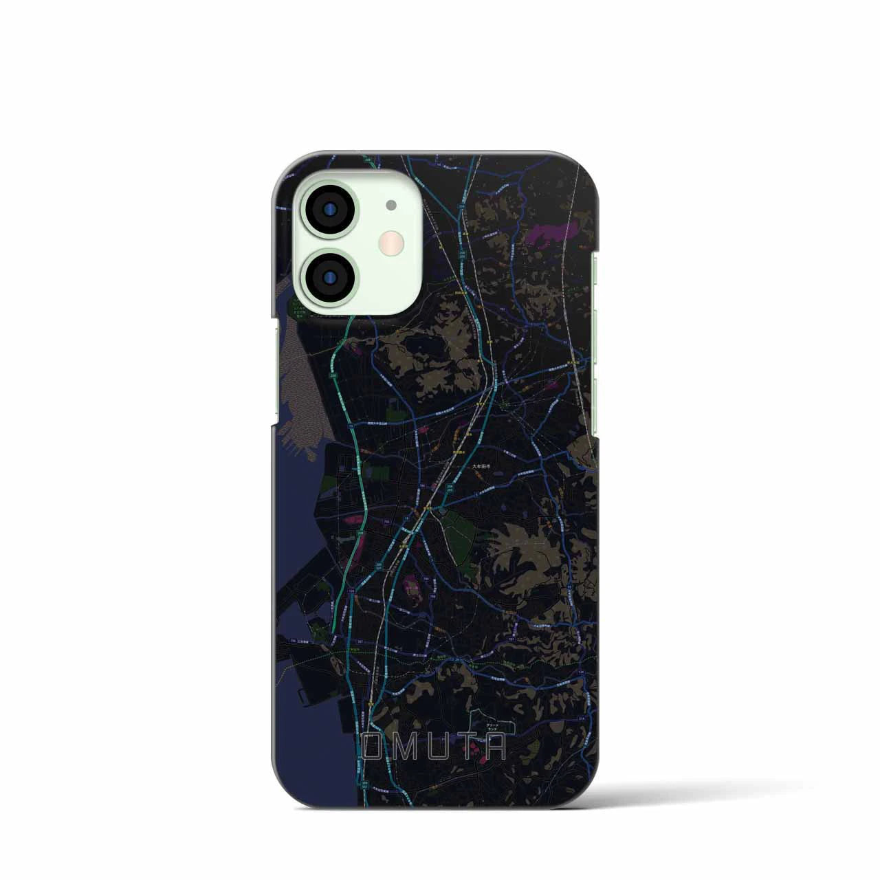 【大牟田】地図柄iPhoneケース（バックカバータイプ・ブラック）iPhone 12 mini 用