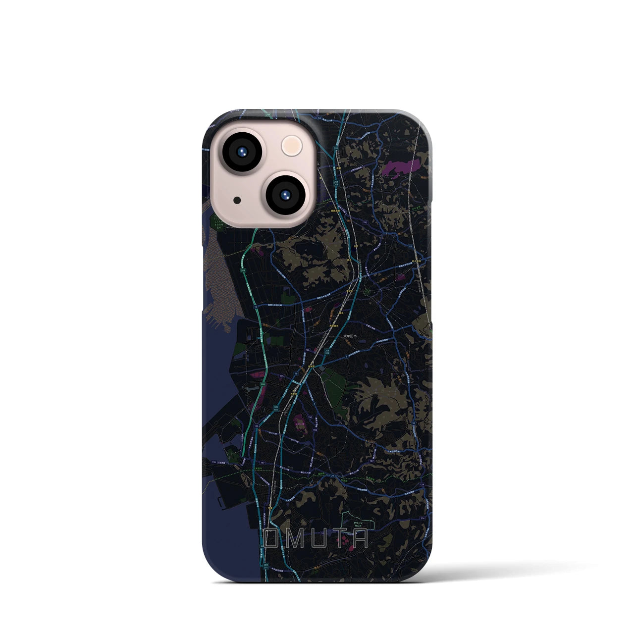 【大牟田】地図柄iPhoneケース（バックカバータイプ・ブラック）iPhone 13 mini 用