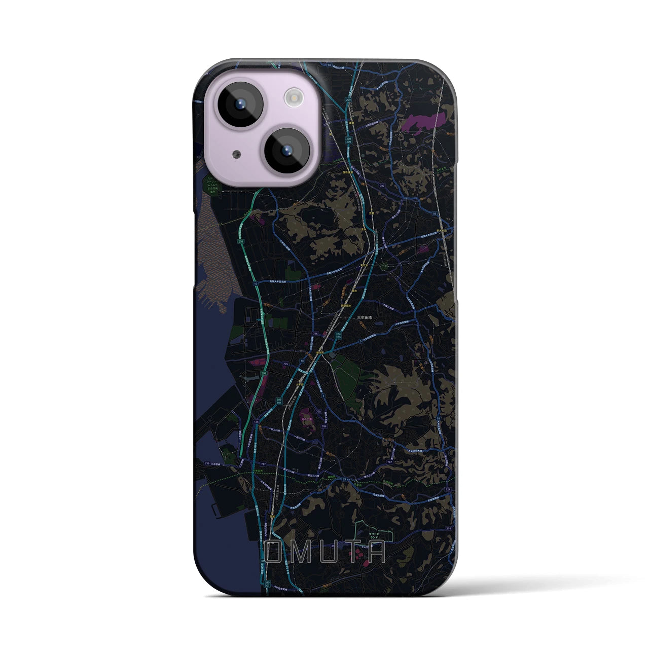 【大牟田】地図柄iPhoneケース（バックカバータイプ・ブラック）iPhone 14 用