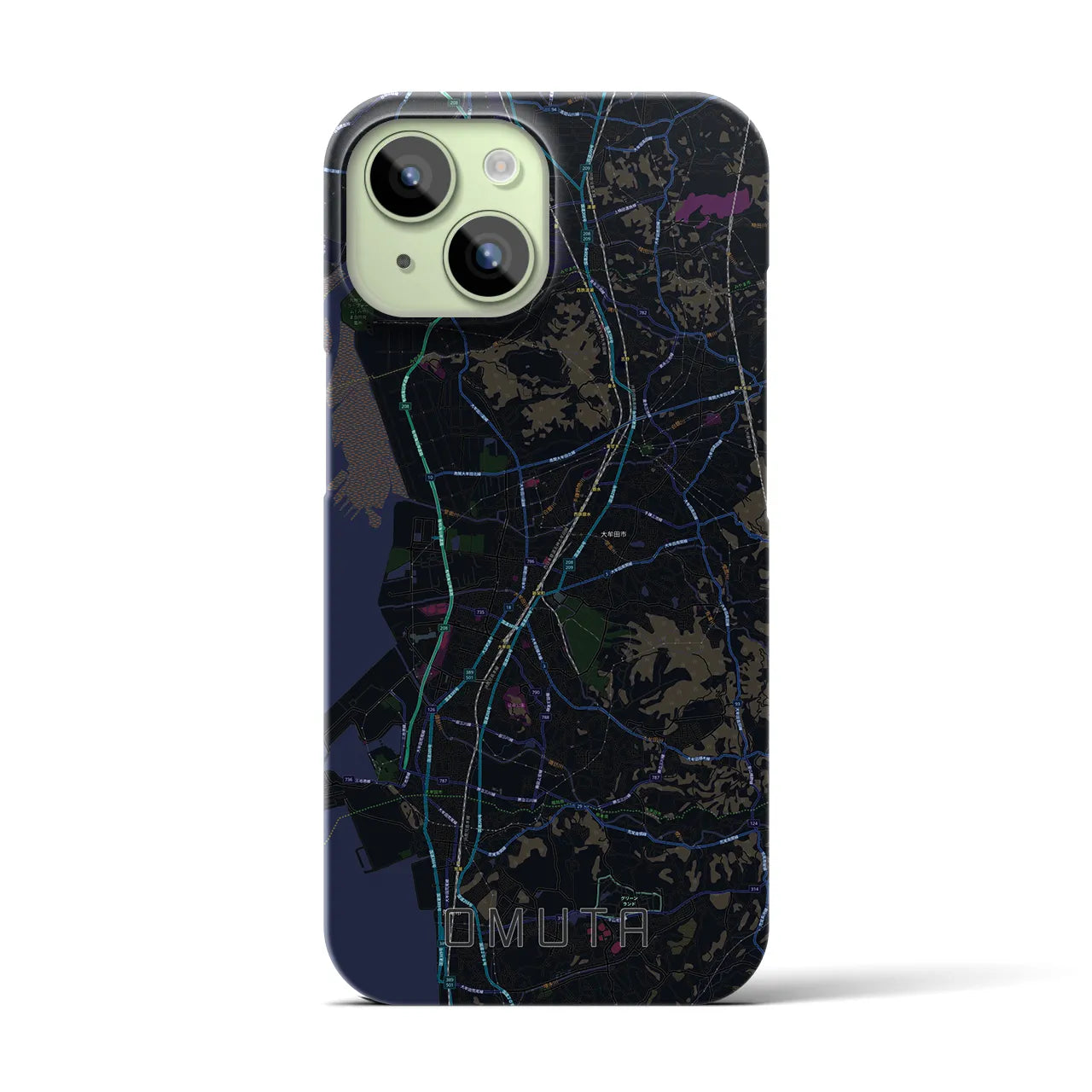 【大牟田】地図柄iPhoneケース（バックカバータイプ・ブラック）iPhone 15 用