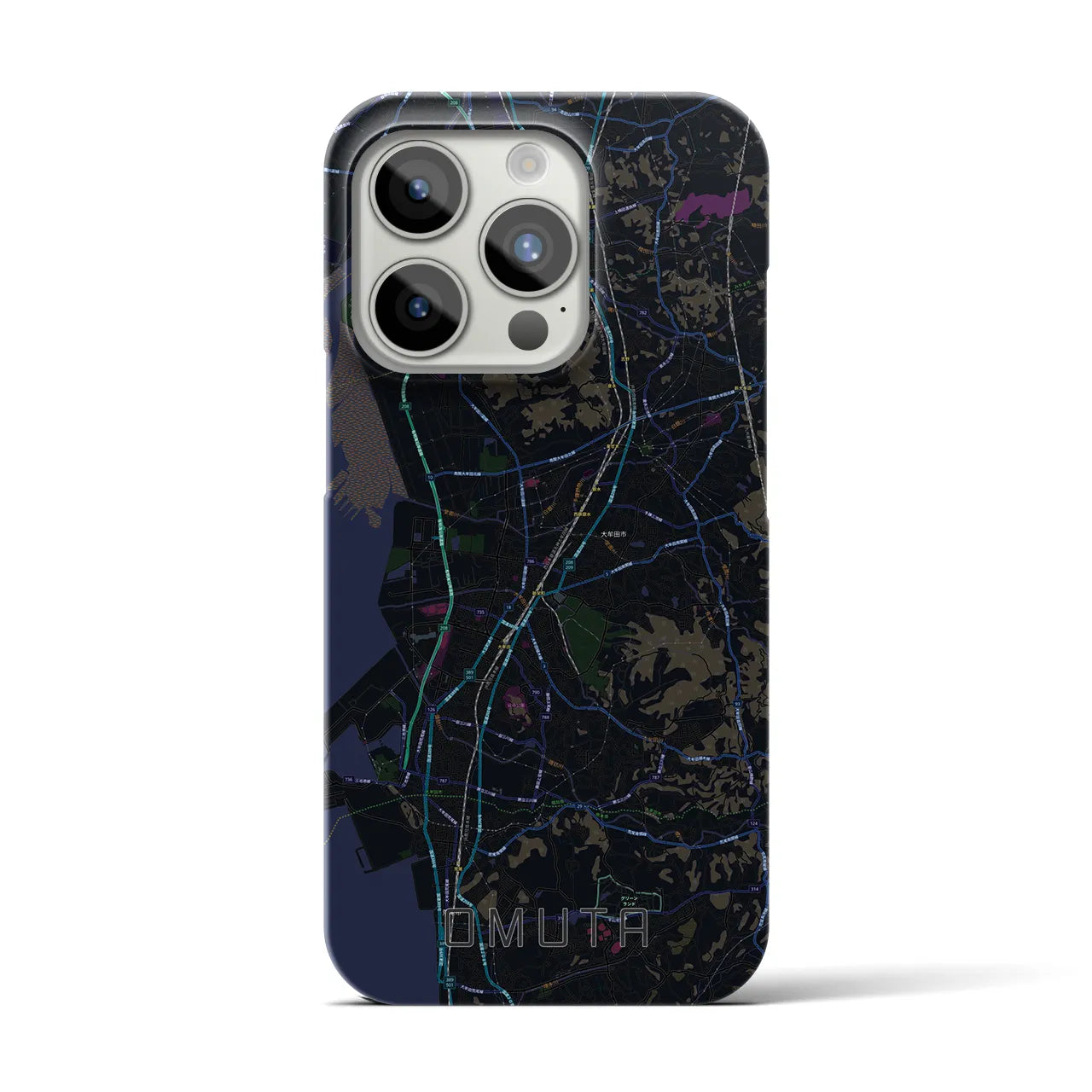 【大牟田】地図柄iPhoneケース（バックカバータイプ・ブラック）iPhone 15 Pro 用