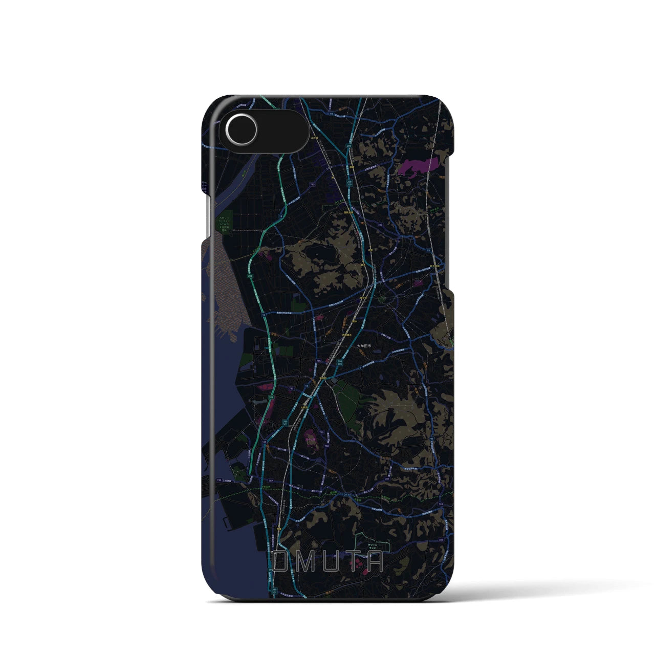 【大牟田】地図柄iPhoneケース（バックカバータイプ・ブラック）iPhone SE（第3 / 第2世代） / 8 / 7 / 6s / 6 用