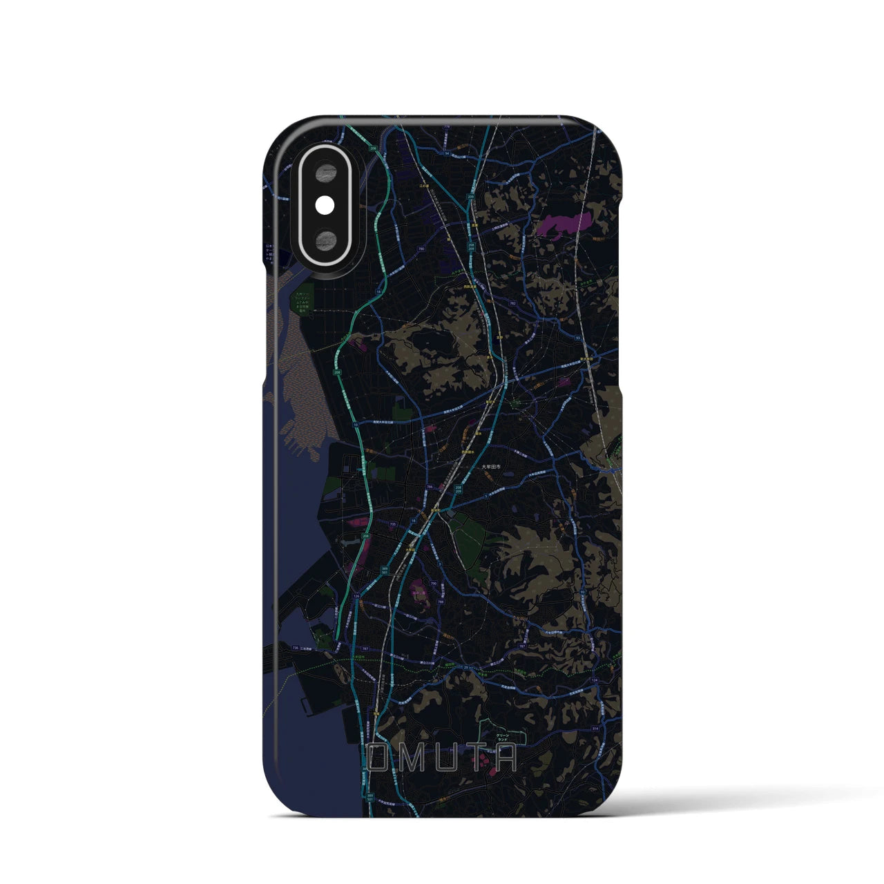 【大牟田】地図柄iPhoneケース（バックカバータイプ・ブラック）iPhone XS / X 用