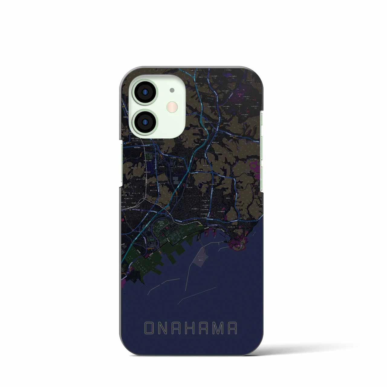 【小名浜】地図柄iPhoneケース（バックカバータイプ・ブラック）iPhone 12 mini 用