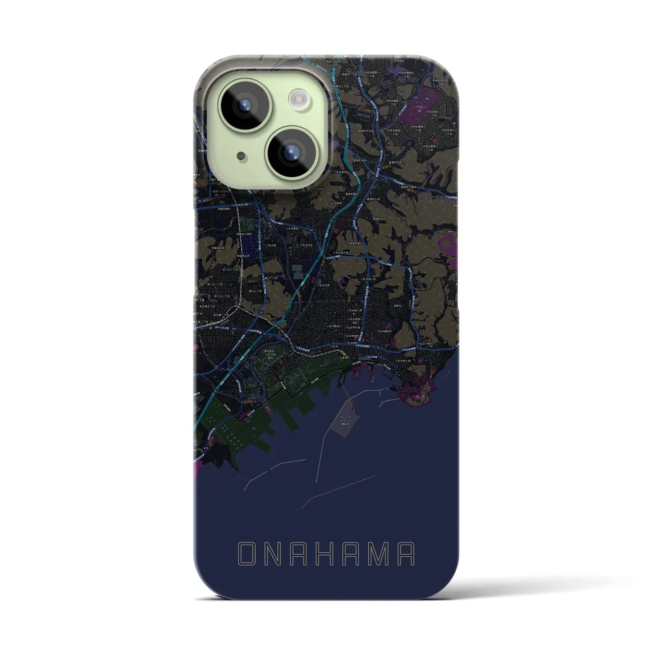【小名浜】地図柄iPhoneケース（バックカバータイプ・ブラック）iPhone 15 用