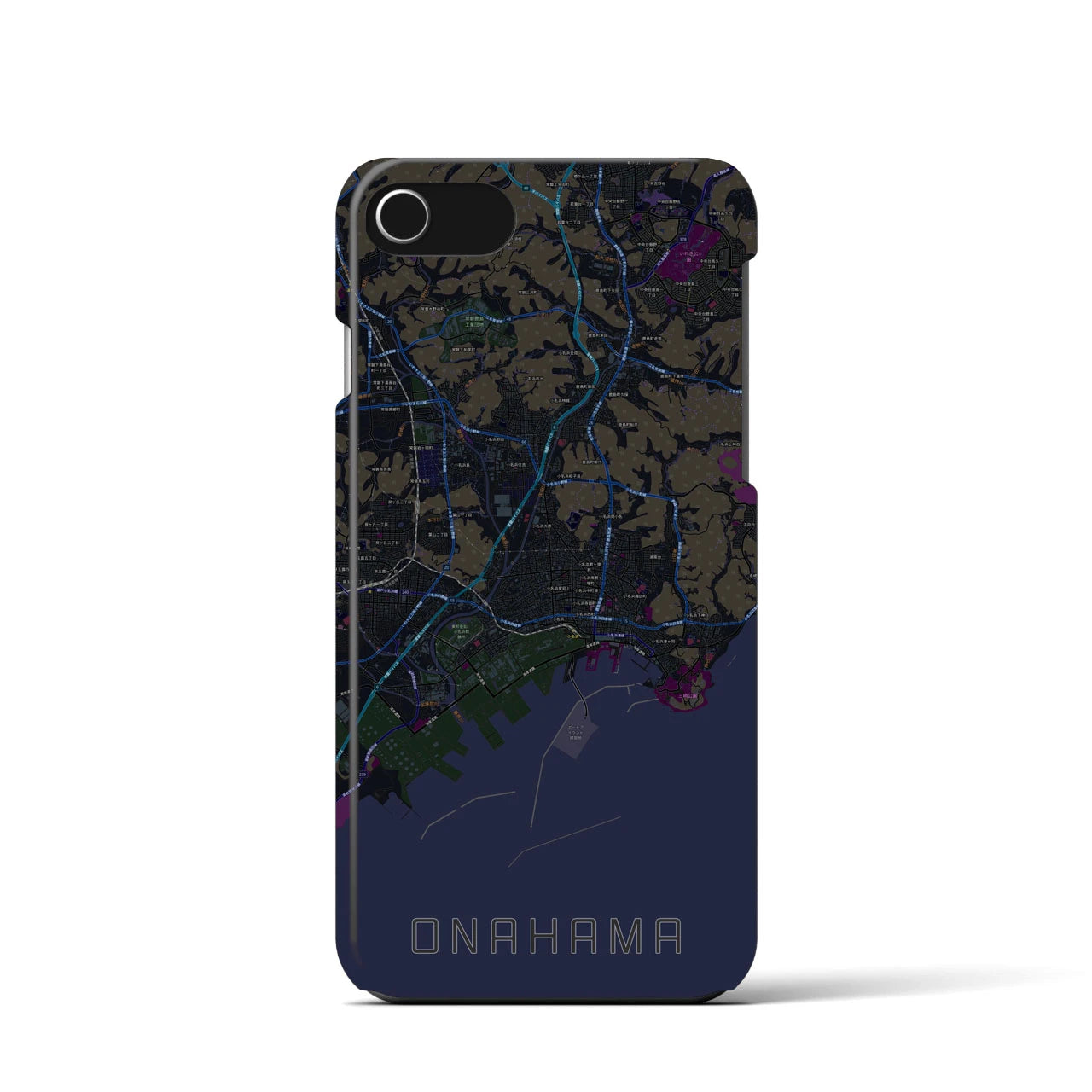 【小名浜】地図柄iPhoneケース（バックカバータイプ・ブラック）iPhone SE（第3 / 第2世代） / 8 / 7 / 6s / 6 用