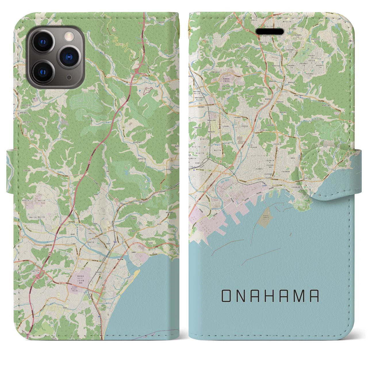 【小名浜】地図柄iPhoneケース（手帳両面タイプ・ナチュラル）iPhone 11 Pro Max 用