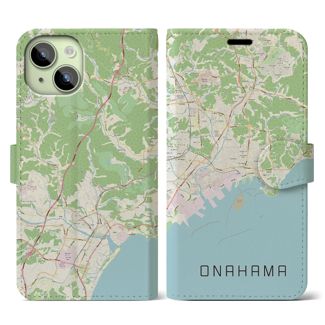 【小名浜】地図柄iPhoneケース（手帳両面タイプ・ナチュラル）iPhone 15 用