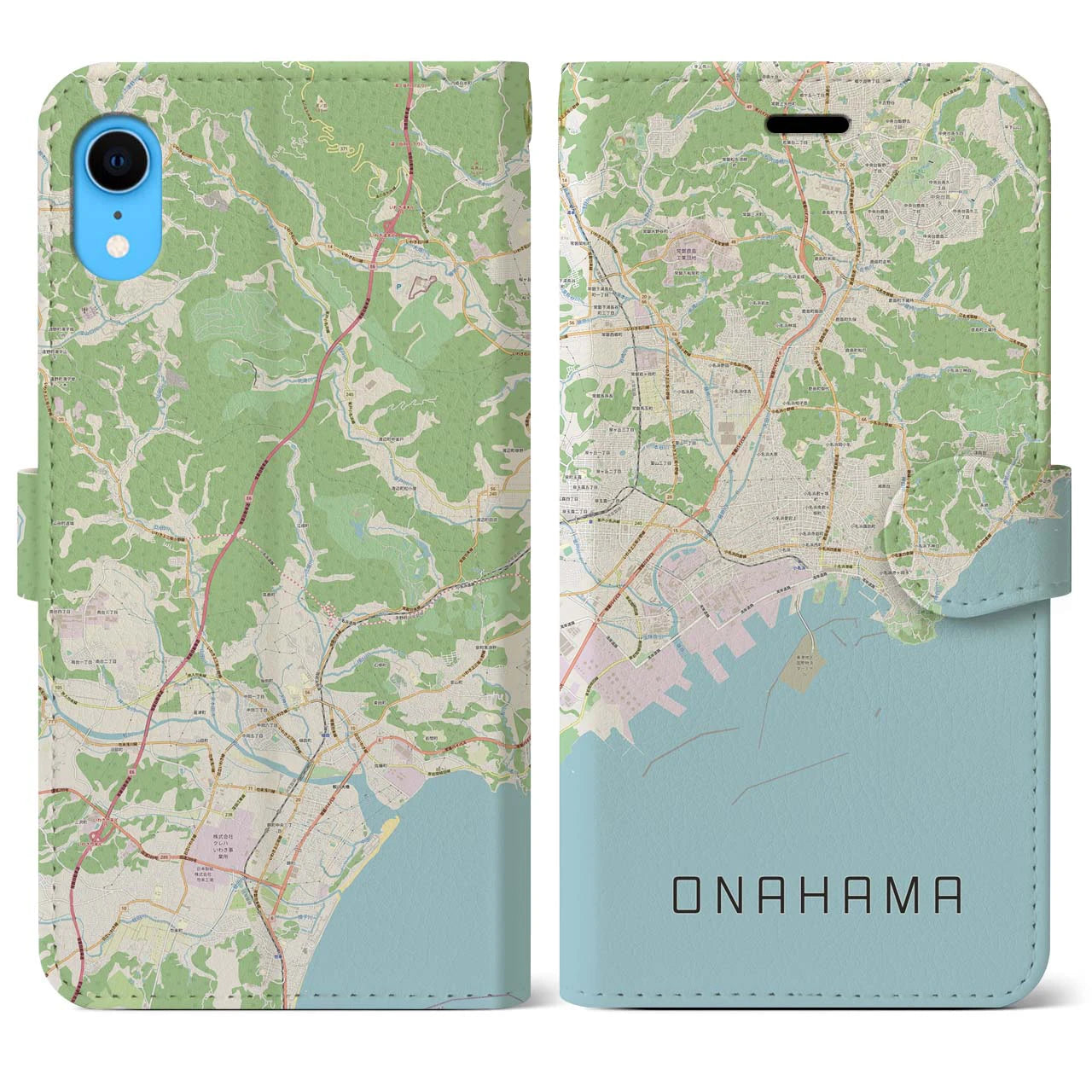 【小名浜】地図柄iPhoneケース（手帳両面タイプ・ナチュラル）iPhone XR 用