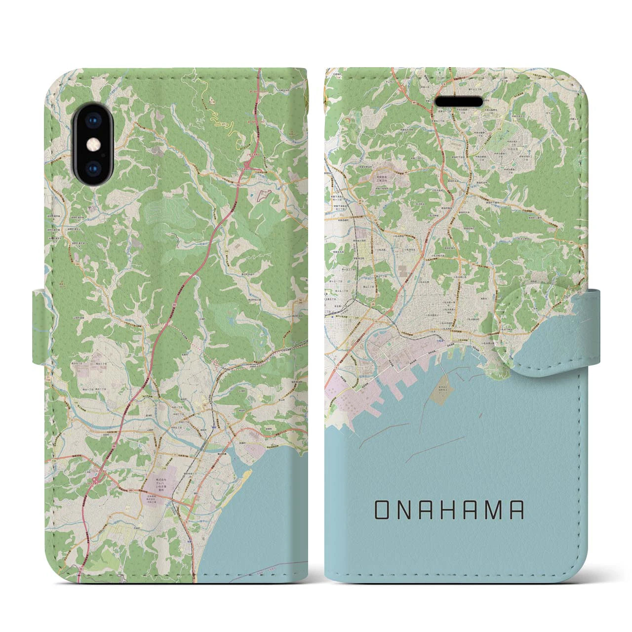【小名浜】地図柄iPhoneケース（手帳両面タイプ・ナチュラル）iPhone XS / X 用