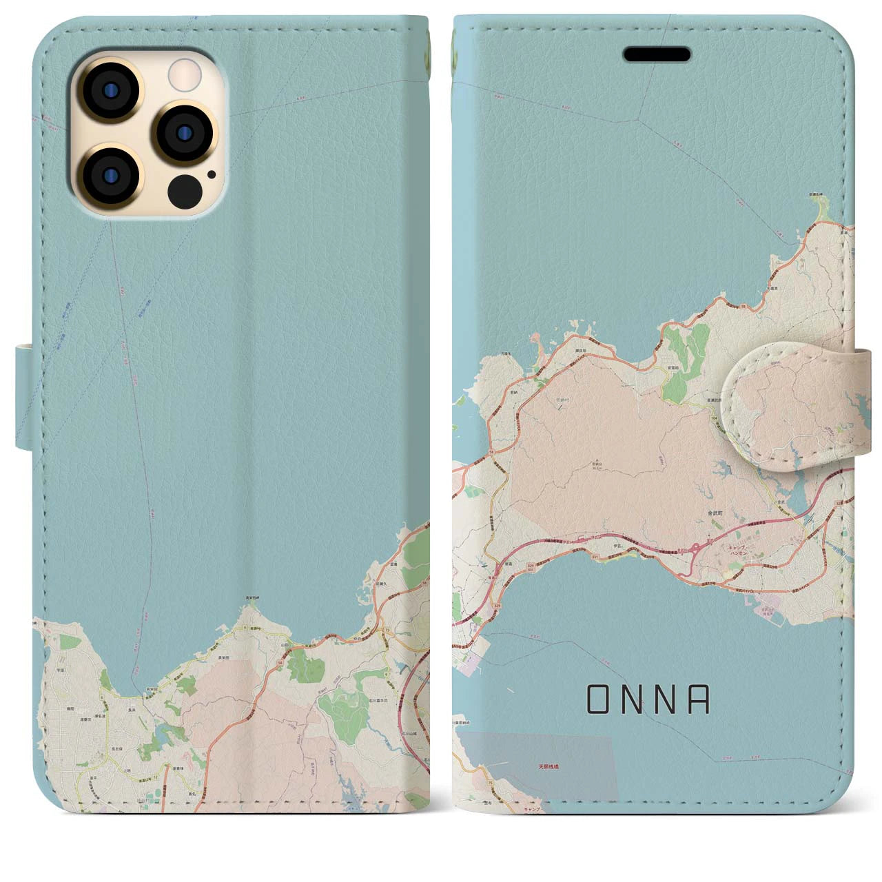 【恩納】地図柄iPhoneケース（手帳両面タイプ・ナチュラル）iPhone 12 Pro Max 用
