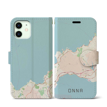 【恩納（沖縄県）】地図柄iPhoneケース（手帳タイプ）ナチュラル・iPhone 12 mini 用