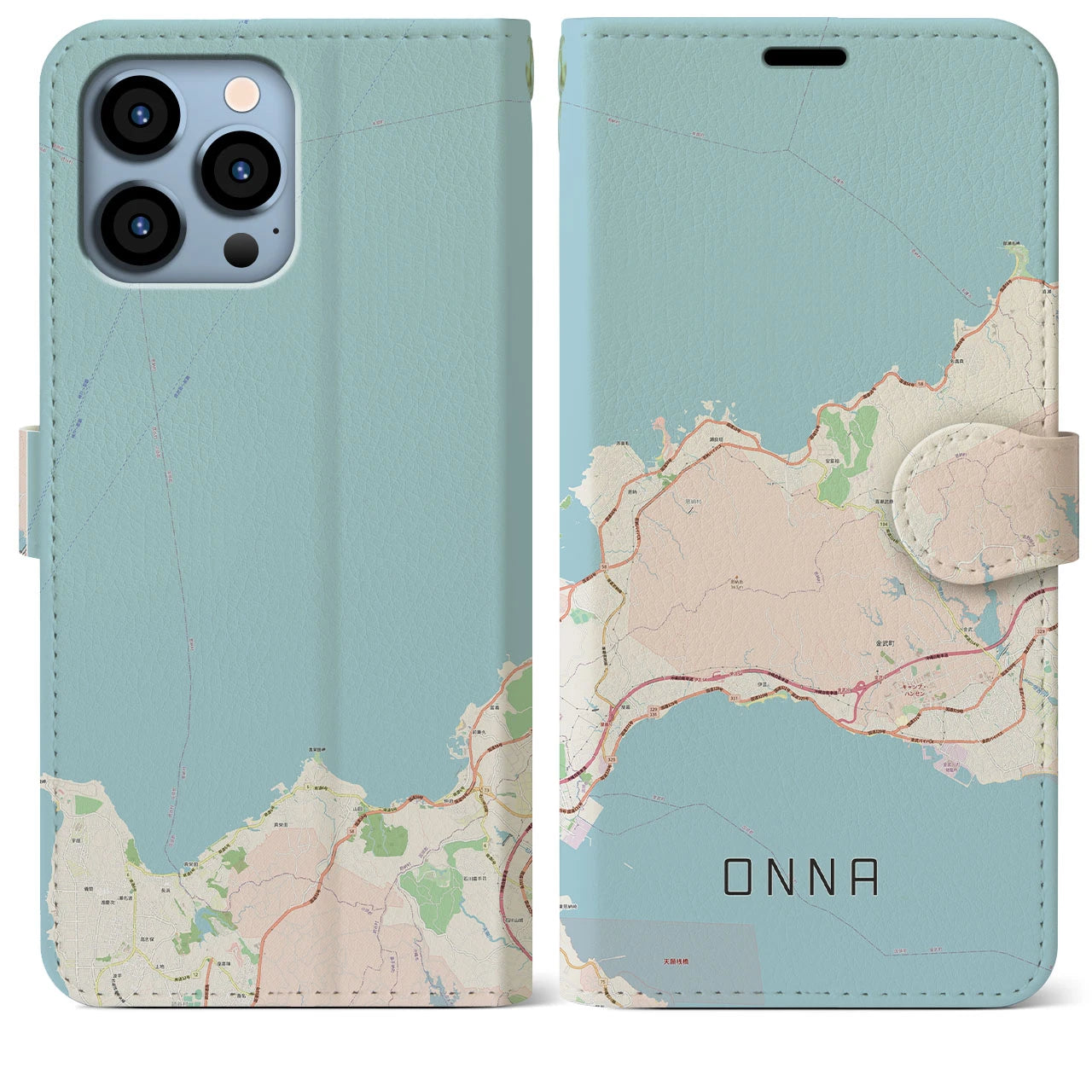 【恩納】地図柄iPhoneケース（手帳両面タイプ・ナチュラル）iPhone 13 Pro Max 用