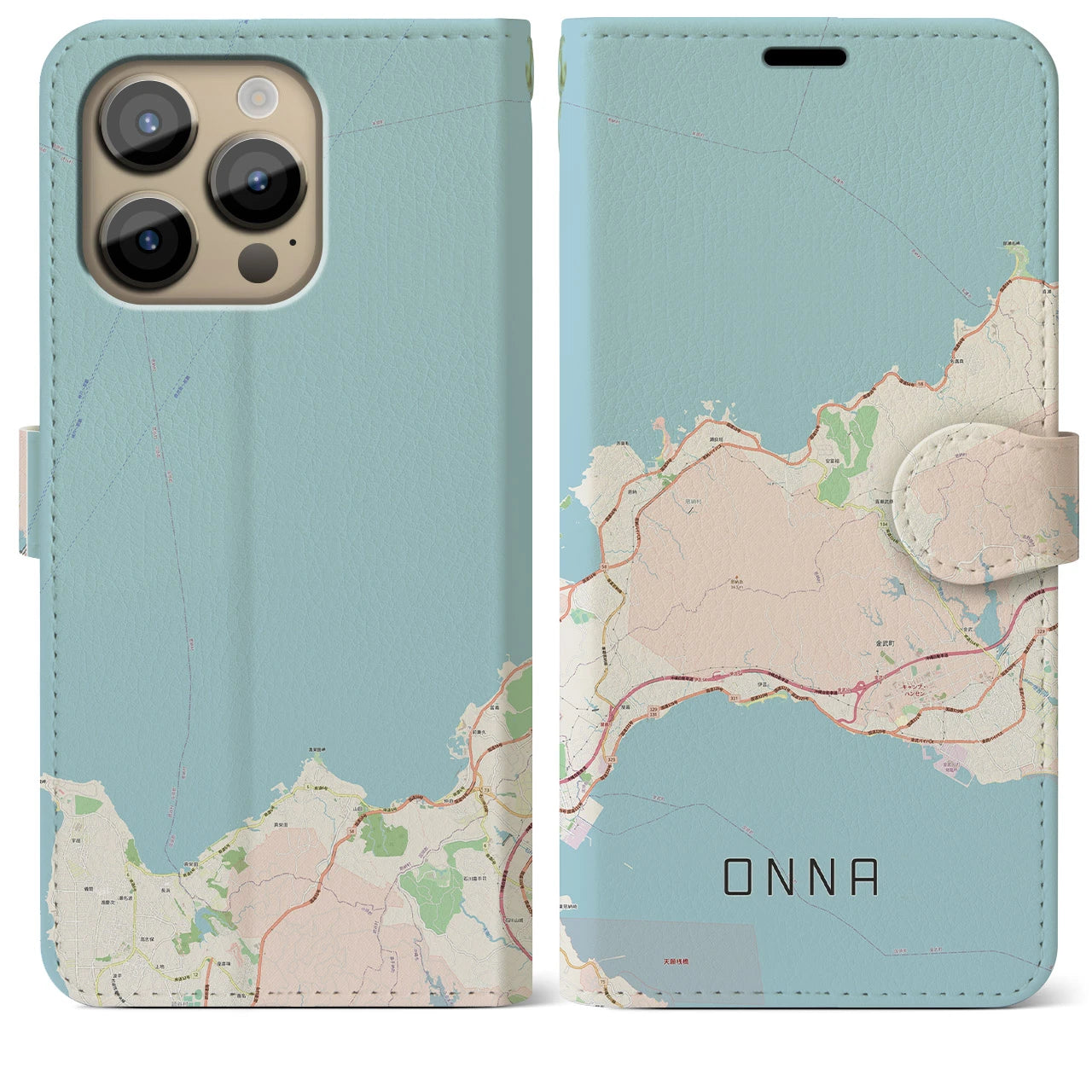 【恩納】地図柄iPhoneケース（手帳両面タイプ・ナチュラル）iPhone 14 Pro Max 用