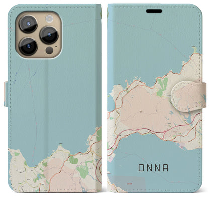 【恩納（沖縄県）】地図柄iPhoneケース（手帳タイプ）ナチュラル・iPhone 14 Pro Max 用