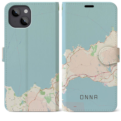 【恩納（沖縄県）】地図柄iPhoneケース（手帳タイプ）ナチュラル・iPhone 14 Plus 用