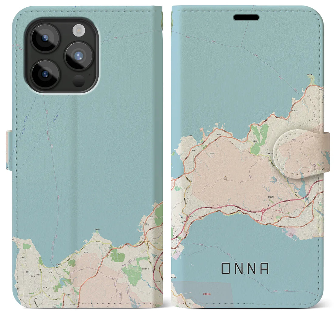 【恩納】地図柄iPhoneケース（手帳両面タイプ・ナチュラル）iPhone 15 Pro Max 用