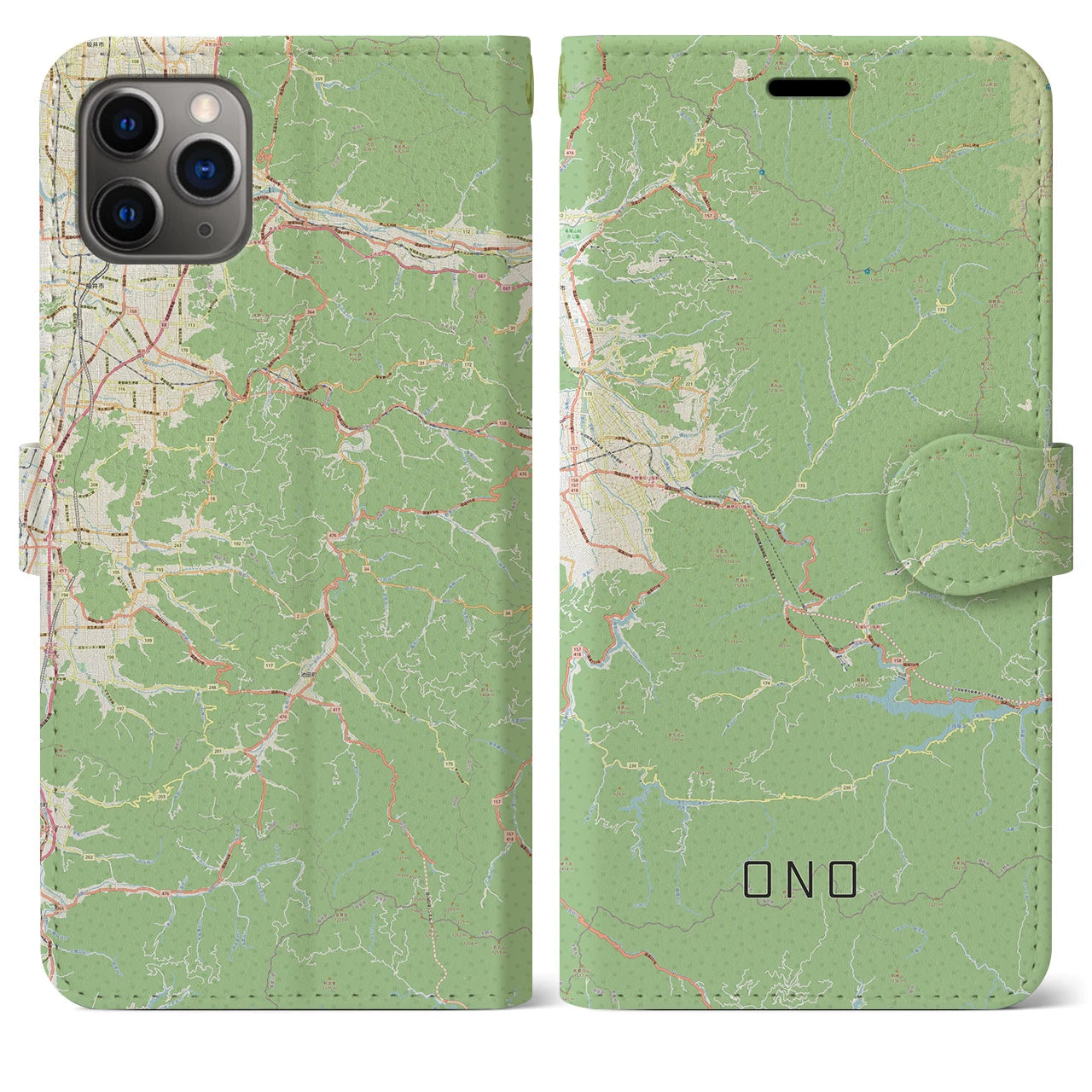 【大野】地図柄iPhoneケース（手帳両面タイプ・ナチュラル）iPhone 11 Pro Max 用