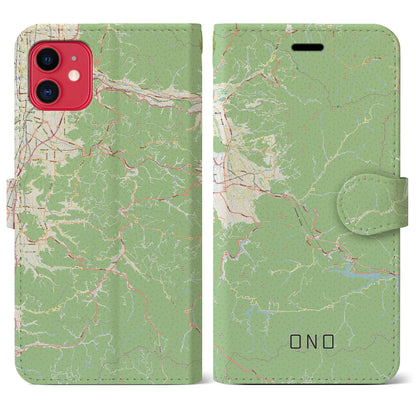 【大野（福井県）】地図柄iPhoneケース（手帳タイプ）ナチュラル・iPhone 11 用