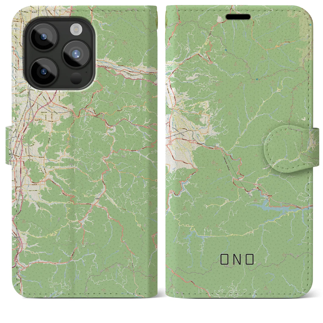 【大野】地図柄iPhoneケース（手帳両面タイプ・ナチュラル）iPhone 15 Pro Max 用