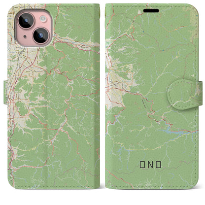 【大野（福井県）】地図柄iPhoneケース（手帳タイプ）ナチュラル・iPhone 15 Plus 用