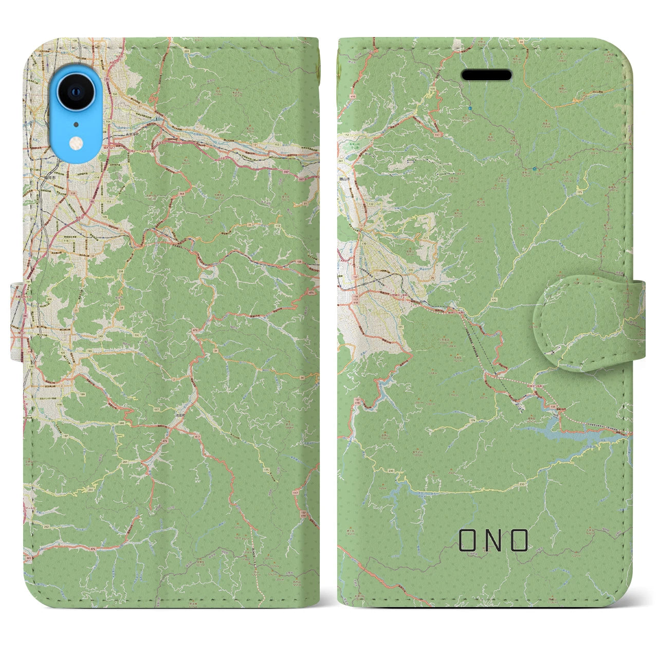 【大野】地図柄iPhoneケース（手帳両面タイプ・ナチュラル）iPhone XR 用