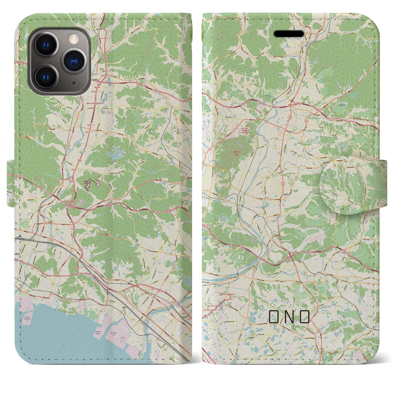 【小野】地図柄iPhoneケース（手帳両面タイプ・ナチュラル）iPhone 11 Pro Max 用