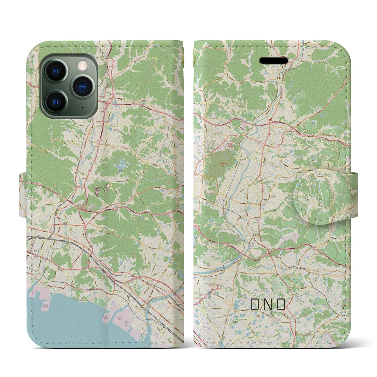 【小野】地図柄iPhoneケース（手帳両面タイプ・ナチュラル）iPhone 11 Pro 用