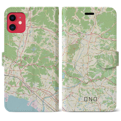 【小野（兵庫県）】地図柄iPhoneケース（手帳タイプ）ナチュラル・iPhone 11 用