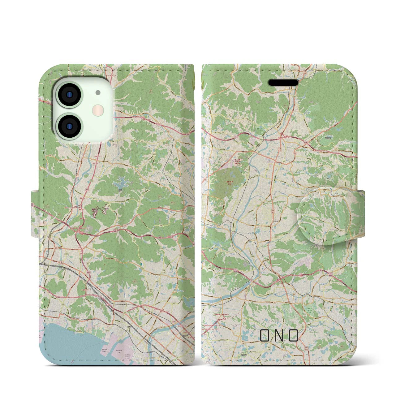 【小野】地図柄iPhoneケース（手帳両面タイプ・ナチュラル）iPhone 12 mini 用